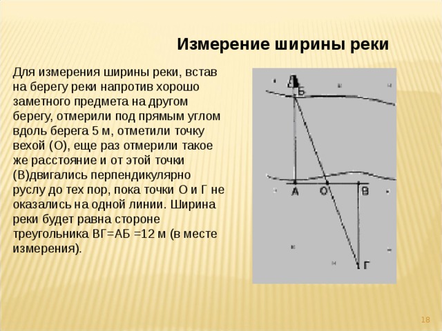 Измерение ширины реки Для измерения ширины реки, встав на берегу реки напротив хорошо заметного предмета на другом берегу, отмерили под прямым углом вдоль берега 5 м, отметили точку вехой (О), еще раз отмерили такое же расстояние и от этой точки (В)двигались перпендикулярно руслу до тех пор, пока точки О и Г не оказались на одной линии. Ширина реки будет равна стороне треугольника ВГ=АБ =12 м (в месте измерения).  