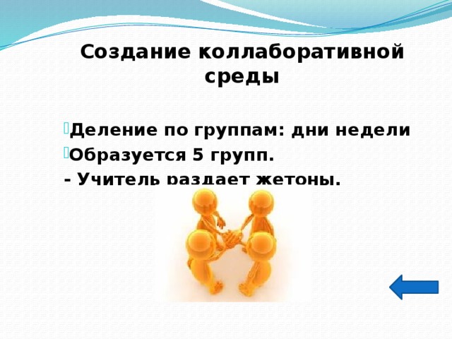 Создание коллаборативной среды  Деление по группам: дни недели Образуется 5 групп. - Учитель раздает жетоны. 