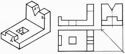 Расставьте буквенные обозначения проекций точек на чертеже детали отмеченных на наглядном