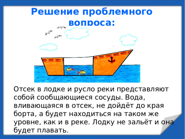 Решение проблемного вопроса:  Отсек в лодке и русло реки представляют собой сообщающиеся сосуды. Вода, вливающаяся в отсек, не дойдёт до края борта, а будет находиться на таком же уровне, как и в реке. Лодку не зальёт и она будет плавать. 