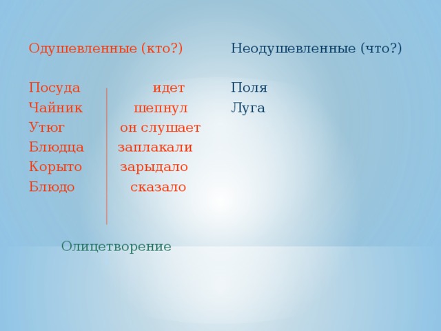 Одушевленные (кто?) Посуда идет Чайник шепнул Утюг он слушает Блюдца заплакали Корыто зарыдало Блюдо сказало Олицетворение Неодушевленные (что?) Поля Луга 