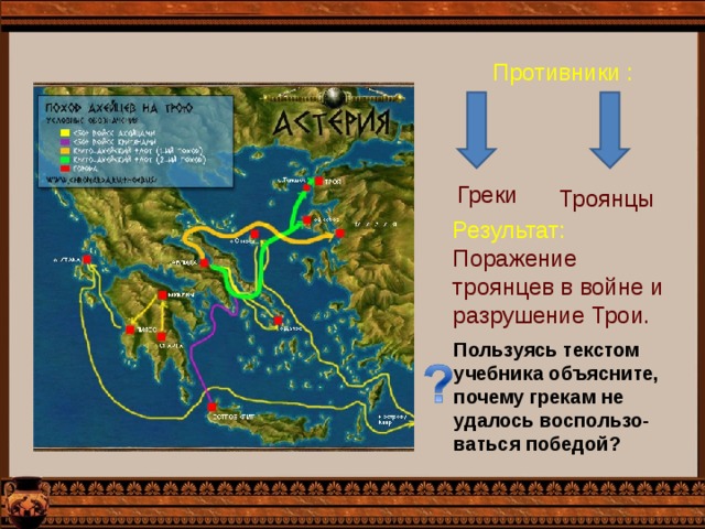  Противники :  Троянцы  Греки Результат: Поражение троянцев в войне и разрушение Трои. Пользуясь текстом учебника объясните, почему грекам не удалось воспользо- ваться победой? 