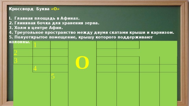 Кроссворд Буква « О »  I. Главная площадь в Афинах. 2. Глиняная бочка для хранения зерна. 3. Холм в центре Афин. 4. Треугольное пространство между двумя скатами крыши и карнизом. 5. Полуоткрытое помещение, крышу которого поддерживают колонны.  1 2 3  О  4 5 