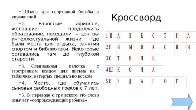 Кроссворд 1 .Школа для спортивной борьбы и упражнений  2.  Взрослые афиняне, желавшие продолжить образование, посещали – центры интеллектуальной жизни, где были места для отдыха, занятия спортом и библиотеки. Некоторые оставались там до глубокой старости. 3. Специальная палочка с заострённым концом для письма на табличках, натёртых специально воском 4. Место, где обучались сыновья свободных греков с 7 лет. 5. В переводе с греческого это слово означает «сопровождающий ребёнка» 