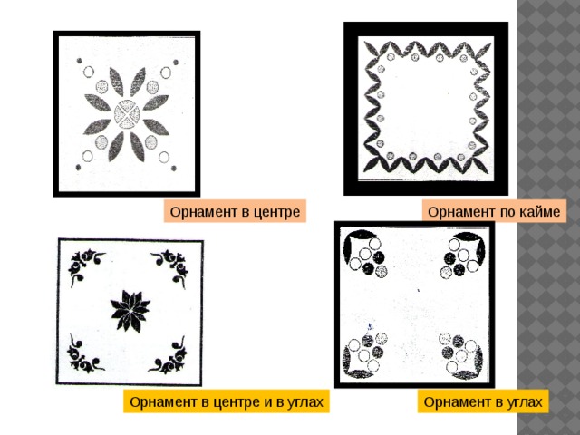 Урок изо мамин платок. Орнамент в центре и в углах. Орнамент в квадрате по кайме. Схемы расположения узора на платке.