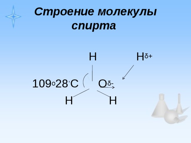 Строение молекулы спирта   Н Н δ+    109 о 28 ’  С О δ-  Н Н 