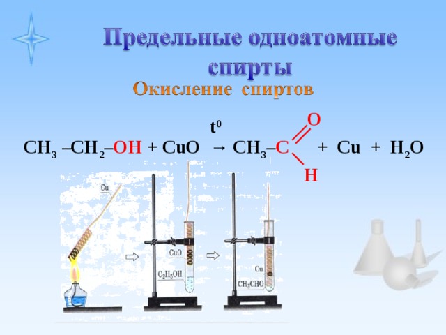 O t 0 CH 3 –CH 2 – OH + CuO → CH 3 – C    + Cu + H 2 O H 