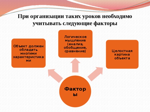 При организации таких уроков необходимо учитывать следующие факторы Логическое мышление (анализ, обобщение, сравнение) Объект должен обладать многими характеристиками Целостная картина объекта Факторы 