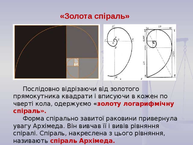 «Золота спіраль» Послідовно відрізаючи від золотого прямокутника квадрати і вписуючи в кожен по чверті кола, одержуємо « золоту логарифмічну спіраль». Форма спірально завитої раковини привернула увагу Архімеда. Він вивчав її і вивів рівняння спіралі. Спіраль, накреслена з цього рівняння, називають спіраль Архімеда.  