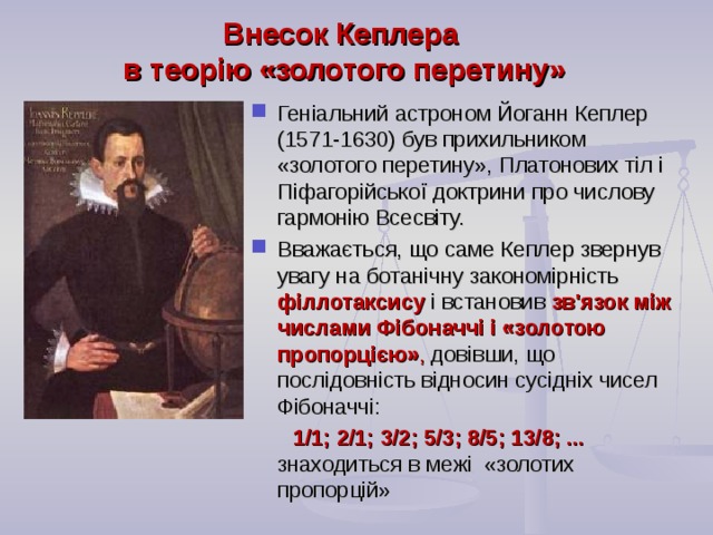 Внесок Кеплера  в теорію «золотого перетину» Геніальний астроном Йоганн Кеплер (1571-1630) був прихильником «золотого перетину», Платонових тіл і Піфагорійської доктрини про числову гармонію Всесвіту. Вважається, що саме Кеплер звернув увагу на ботанічну закономірність філлотаксису і встановив зв'язок між числами Фібоначчі і «золотою пропорцією» , довівши, що послідовність відносин сусідніх чисел Фібоначчі:  1/1; 2/1; 3/2; 5/3; 8/5; 13/8; ... знаходиться  в межі «золотих пропорцій»  