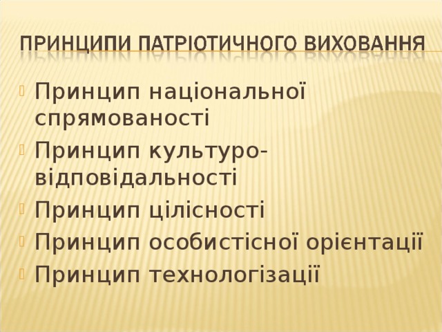 Принцип національної спрямованості Принцип культуро-відповідальності Принцип цілісності Принцип особистісної орієнтації Принцип технологізації 