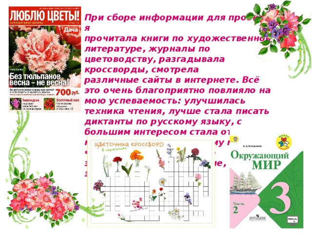 При сборе информации для проекта я прочитала книги по художественной литературе, журналы по цветоводству, разгадывала кроссворды, смотрела различные сайты в интернете. Всё это очень благоприятно повлияло на мою успеваемость: улучшилась техника чтения, лучше стала писать диктанты по русскому языку, с большим интересом стала относиться к урокам по Окружающему миру. Так что цветы - это не только эстетическое наслаждение, это путь к успеху! 