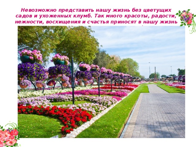 Невозможно представить нашу жизнь без цветущих садов и ухоженных клумб. Так много красоты, радости, нежности, восхищения и счастья приносят в нашу жизнь такие нежные создания – цветы! 