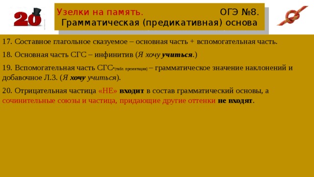 Узелки на память. ОГЭ №8.  Грамматическая (предикативная) основа 17. Составное глагольное сказуемое – основная часть + вспомогательная часть. 18. Основная часть СГС – инфинитив ( Я хочу учиться .) 19. Вспомогательная часть СГС *(табл. презентации) – грамматическое значение наклонений и добавочное Л.З. ( Я хочу учиться ). 20. Отрицательная частица «НЕ» входит в состав грамматический основы, а сочинительные союзы и частица, придающие другие оттенки не входят .  