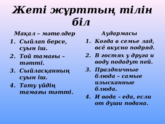 Жеті жұрттың тілін біл  Мақал – мәтелдер Аудармасы Сыйлап берсе, суын іш. Той тамағы – тәтті. Сыйласқанның суын іш. Тату үйдің тамағы тәтті. Когда в семье лад, всё вкусно подряд. В гостях у друга и воду подадут пей. Праздничные блюда – самые изысканные блюда. И вода – еда, если от души подана. 