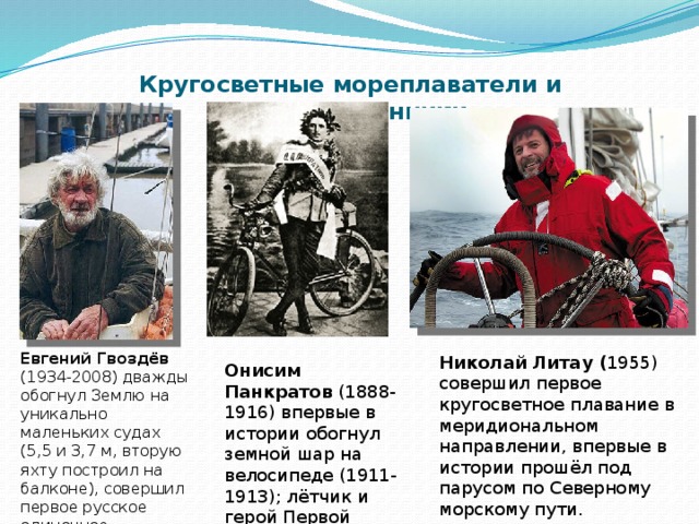 Кругосветные мореплаватели и путешественники   Евгений Гвоздёв (1934-2008) дважды обогнул Землю на уникально маленьких судах (5,5 и 3,7 м, вторую яхту построил на балконе), совершил первое русское одиночное кругосветное плавание. Николай Литау ( 1955) совершил первое кругосветное плавание в меридиональном направлении, впервые в истории прошёл под парусом по Северному морскому пути. Онисим Панкратов (1888-1916) впервые в истории обогнул земной шар на велосипеде (1911-1913); лётчик и герой Первой мировой войны. 