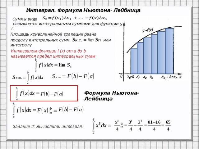 Интеграл. Формула Ньютона- Лейбница   Суммы вида  называются интегральными суммами для функции f. Площадь криволинейной трапеции равна пределу интегральных сумм, S к.т. = lim S n или интегралу Интегралом функции f (х) от a до b называется предел интегральных сумм Формула Ньютона- Лейбница Задание 2: Вычислить интеграл :  