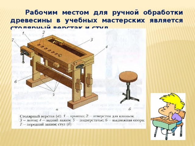  Рабочим местом для ручной обработки древесины в учебных мастерских является столярный верстак и стул. 