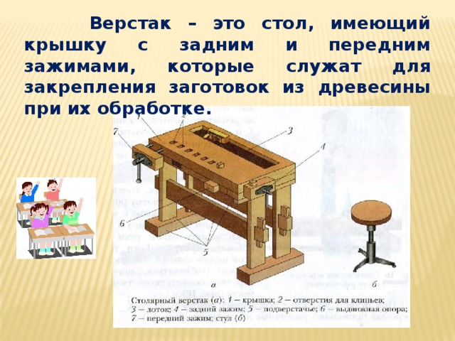  Верстак – это стол, имеющий крышку с задним и передним зажимами, которые служат для закрепления заготовок из древесины при их обработке. 