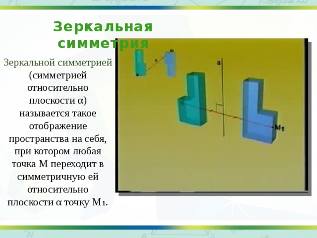 Зеркальная симметрия Зеркальной симметрией (симметрией относительно плоскости α) называется такое отображение пространства на себя, при котором любая точка М переходит в симметричную ей относительно плоскости α точку М₁.