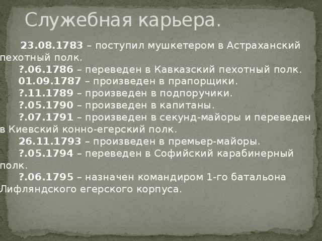 Служебная карьера.  23.08.1783 – поступил мушкетером в Астраханский пехотный полк.   ?.06.1786 – переведен в Кавказский пехотный полк.   01.09.1787 – произведен в прапорщики.   ?.11.1789 – произведен в подпоручики.   ?.05.1790 – произведен в капитаны.   ?.07.1791 – произведен в секунд-майоры и переведен в Киевский конно-егерский полк.   26.11.1793 – произведен в премьер-майоры.   ?.05.1794 – переведен в Софийский карабинерный полк.   ?.06.1795 – назначен командиром 1-го батальона Лифляндского егерского корпуса.     