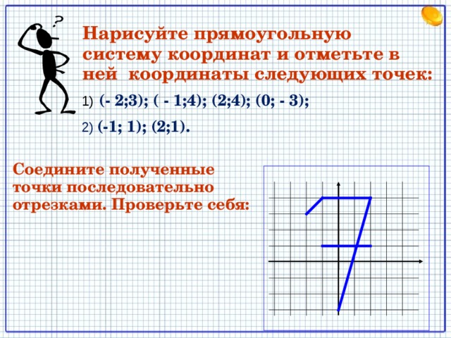 Нарисуйте прямоугольную систему координат и отметьте в ней координаты следующих точек: 1)  (- 2;3); ( - 1;4); (2;4); (0; - 3); 2)  (-1; 1); (2;1).  Соедините полученные точки последовательно отрезками. Проверьте себя: 18 