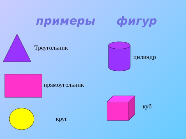 примеры  фигур   Треугольник цилиндр прямоугольник   куб   круг 