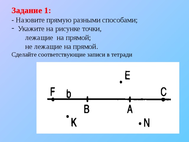 Задание 1: - Назовите прямую разными способами;  Укажите на рисунке точки,  лежащие на прямой;  не лежащие на прямой. Сделайте соответствующие записи в тетради 