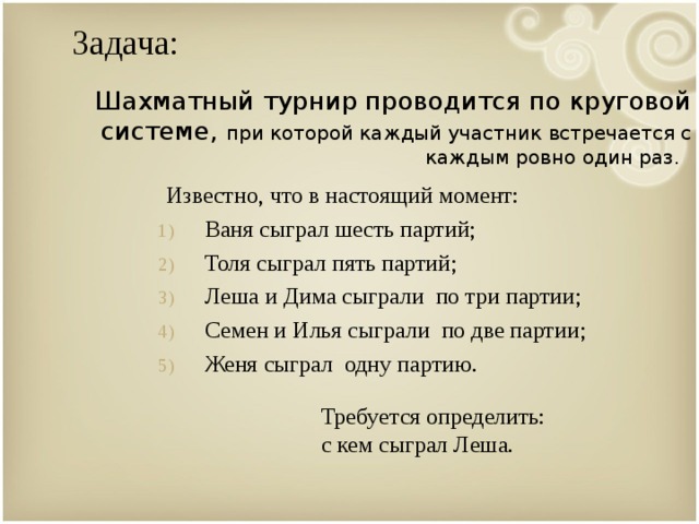  Задача:  Шахматный турнир проводится по круговой системе, при которой каждый участник встречается с каждым ровно один раз.  Известно, что в настоящий момент: Ваня сыграл шесть партий; Толя  сыграл пять партий; Леша  и  Дима сыграли по три партии; Семен и Илья сыграли по две партии; Женя сыграл одну партию. Пригласить старшеклассников для показа. Лена Павловна им торжественно вручает: ватман, ручку, клей, кружки и серпантин Требуется определить:  с кем сыграл Леша. 9 