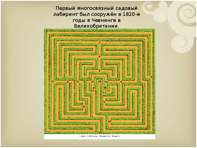 Первый многосвязный садовый лабиринт был сооружён в 1820-е годы в Чевнинге в Великобритании. 9 