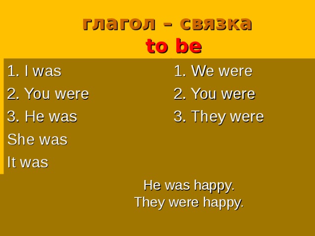  глагол – связка   to be 1. I was 2. You were 3. He was She was It was 1. We were 2. You were 3. They were He was happy. They were happy. He was happy. They were happy. He was happy. They were happy. He was happy. They were happy. He was happy. They were happy. 