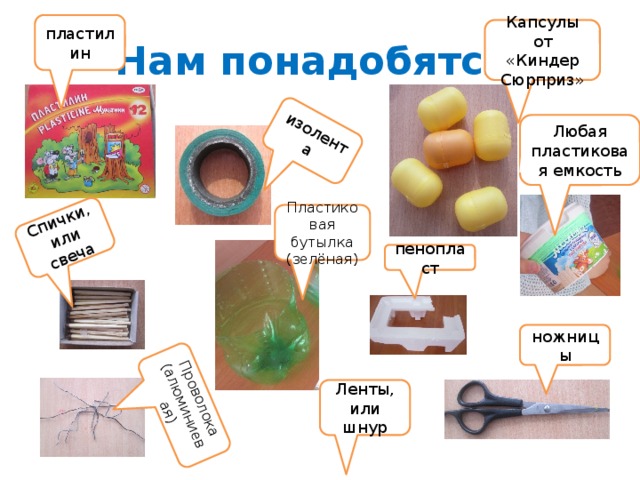 изолента Спички, или свеча Проволока (алюминиевая) пластилин Нам понадобятся: Капсулы от «Киндер Сюрприз» Любая пластиковая емкость Пластиковая бутылка (зелёная) пенопласт ножницы Ленты, или шнур 