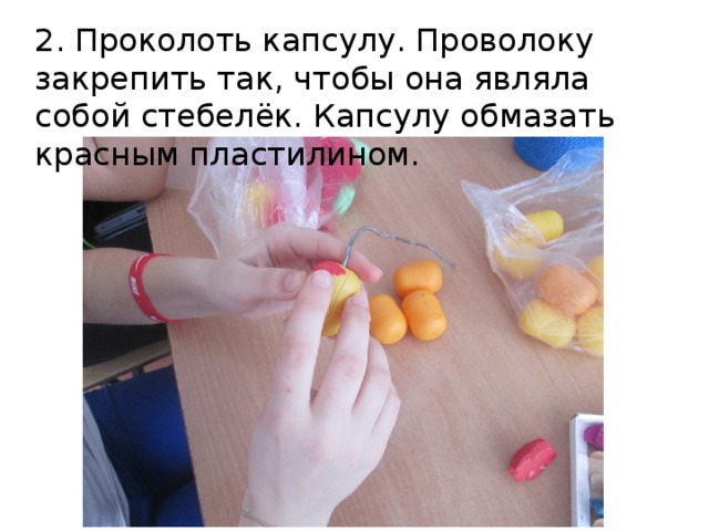 2. Проколоть капсулу. Проволоку закрепить так, чтобы она являла собой стебелёк. Капсулу обмазать красным пластилином. 