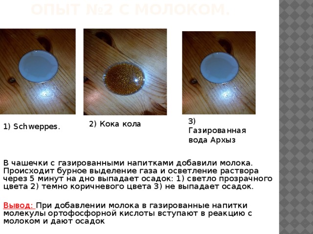 Опыт №2 с молоком. 3) Газированная вода Архыз 2) Кока кола 1) Schweppes. В чашечки с газированными напитками добавили молока. Происходит бурное выделение газа и осветление раствора через 5 минут на дно выпадает осадок: 1) светло прозрачного цвета 2) темно коричневого цвета 3) не выпадает осадок.  Вывод: При добавлении молока в газированные напитки молекулы ортофосфорной кислоты вступают в реакцию с молоком и дают осадок 