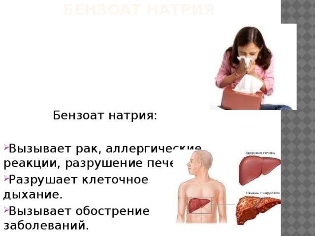 Бензоат натрия   Бензоат натрия: Вызывает рак, аллергические реакции, разрушение печени. Разрушает клеточное дыхание. Вызывает обострение заболеваний. 