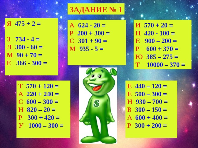 ЗАДАНИЕ № 1 Я  475 + 2 =  З  734 - 4 = Л  300 - 60 = М  90 + 70 = Е  366 - 300 =  А  624 - 20 =  Р  200 + 300 =  С  301 + 90 =  М  935 - 5 =  И 570 + 20 = П 420 - 100 = Е 900 – 200 = Р 600 + 370 = Ю 385 – 275 = Т 10000 – 370 = Т 570 + 120 = А 220 + 240 = С 600 – 300 = Н 820 – 20 = Р 300 + 420 = У 1000 – 300 = Е 440 – 120 = Е 500 – 300 = Н 930 – 700 = В 300 – 150 = А 600 + 400 = Р 300 + 200 =   
