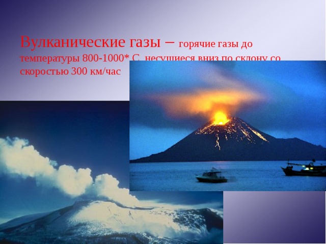 Вулканические газы – горячие газы до температуры 800-1000* С, несущиеся вниз по склону со скоростью 300 км/час