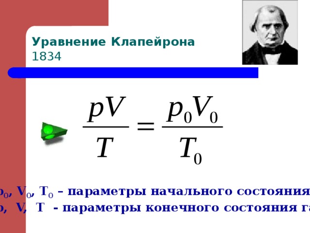 Уравнение Клапейрона  1834  p 0 , V 0 , T 0 – параметры начального состояния газа, p, V, T - параметры конечного состояния газа  