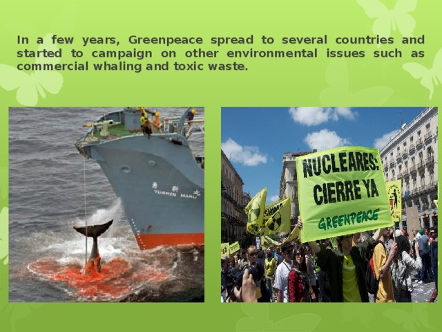 In a few years, Greenpeace spread to several countries and started to campaign on other environmental issues such as commercial whaling and toxic waste. 