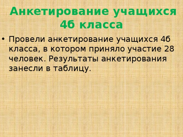     Анкетирование учащихся 4б класса    Провели анкетирование учащихся 4б класса, в котором приняло участие 28 человек. Результаты анкетирования занесли в таблицу. 