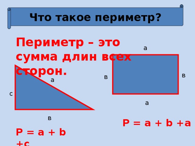 Что такое периметр? Периметр – это сумма длин всех сторон. a в в a с a в P = a + b +a + b P = a + b +c
