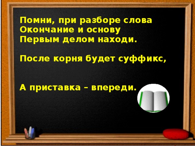 Физкультминутка  Встали ровно, потянулись, как приставка изогнулись ,   показали дружно корень , в домик сели мы у моря.   Этот домик не простой, суффикс звать его судьбой.    А потом пойдем резвиться - с окончаньем веселиться.   Изменять слова мы будем,  Научились! Не забудем!!
