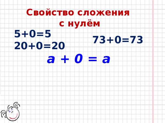 Свойство сложения с нулём 5+0=5 20+0=20 73+0=73 а + 0 = а 