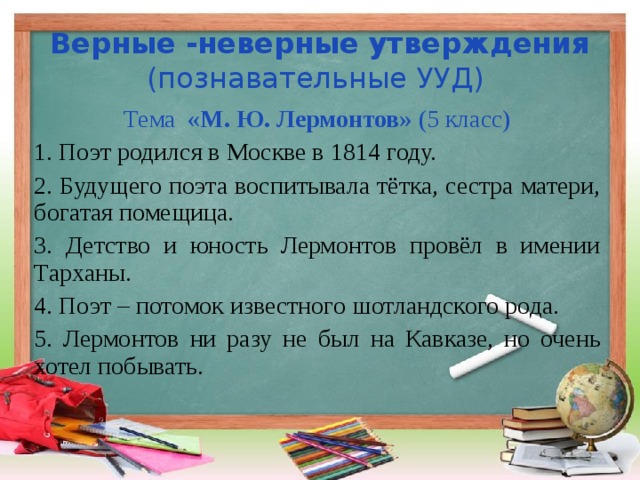 Верные -неверные утверждения  (познавательные УУД) Тема «М. Ю. Лермонтов» (5 класс) 1. Поэт родился в Москве в 1814 году. 2. Будущего поэта воспитывала тётка, сестра матери, богатая помещица. 3. Детство и юность Лермонтов провёл в имении Тарханы. 4. Поэт – потомок известного шотландского рода. 5. Лермонтов ни разу не был на Кавказе, но очень хотел побывать. 