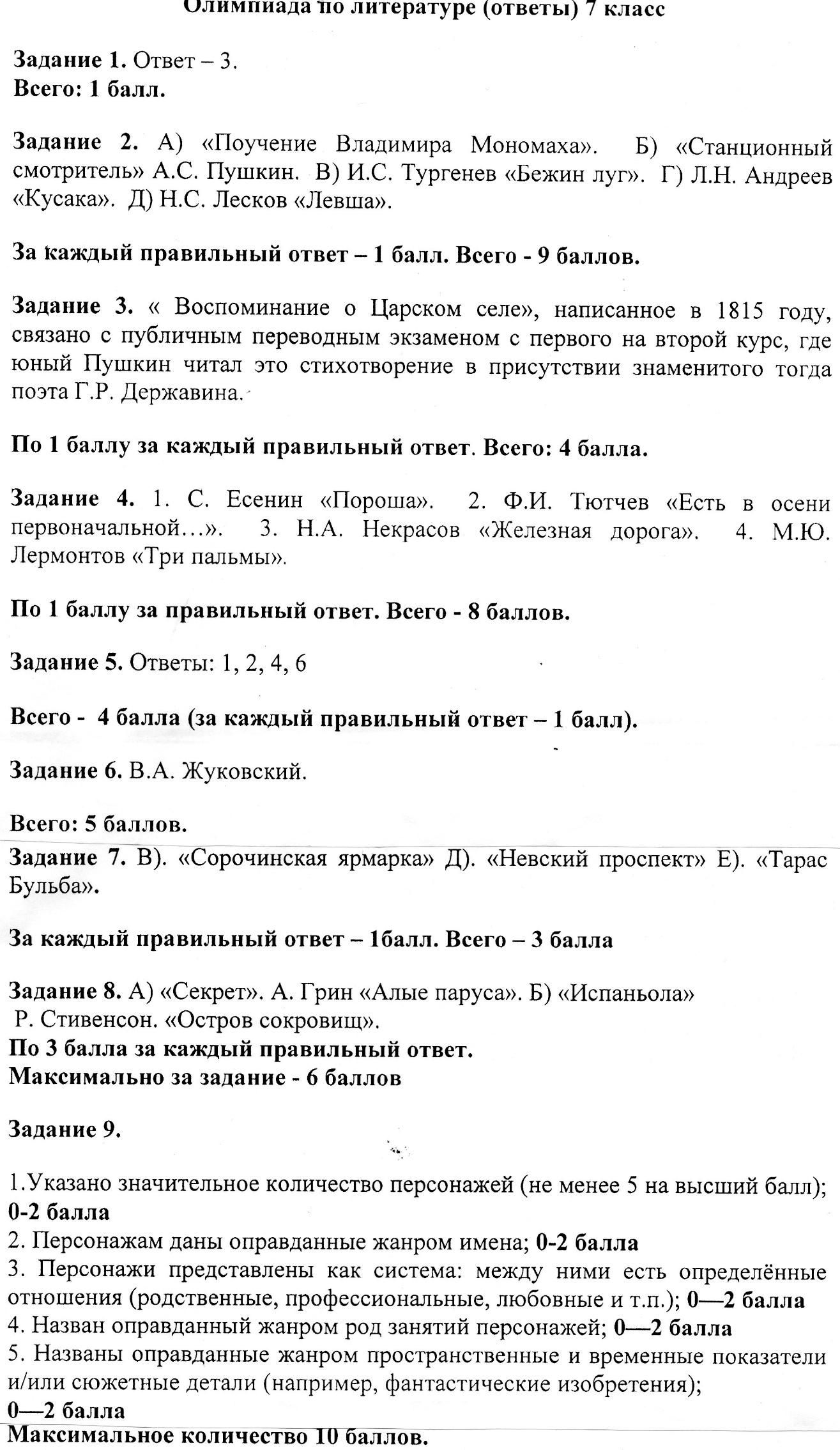 Олимпиада по литературе. Школьный этап. 7 класс.