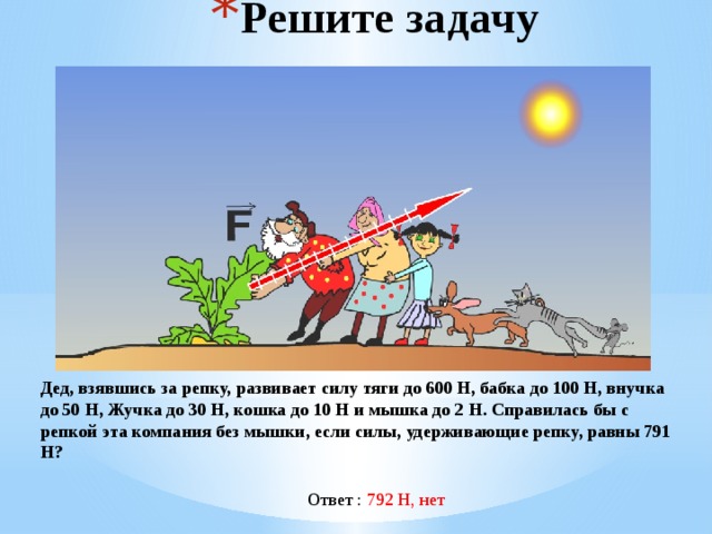 Решите задачу Дед, взявшись за репку, развивает силу тяги до 600 Н, бабка до 100 Н, внучка до 50 Н, Жучка до 30 Н, кошка до 10 Н и мышка до 2 Н. Справилась бы с репкой эта компания без мышки, если силы, удерживающие репку, равны 791 Н? Ответ : 792 Н, нет 