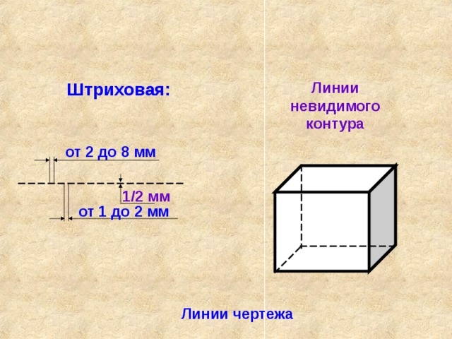 Линии невидимого контура Штриховая: от 2 до 8 мм 1/2 мм от 1 до 2 мм Линии чертежа 