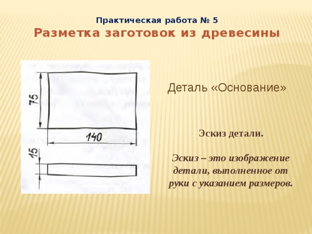 Практическая работа № 5 Разметка заготовок из древесины Деталь «Основание» Эскиз детали.  Эскиз – это изображение детали, выполненное от руки с указанием размеров. 