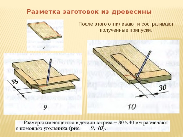 Разметка заготовок из древесины После этого отпиливают и сострагивают полученные припуски. 