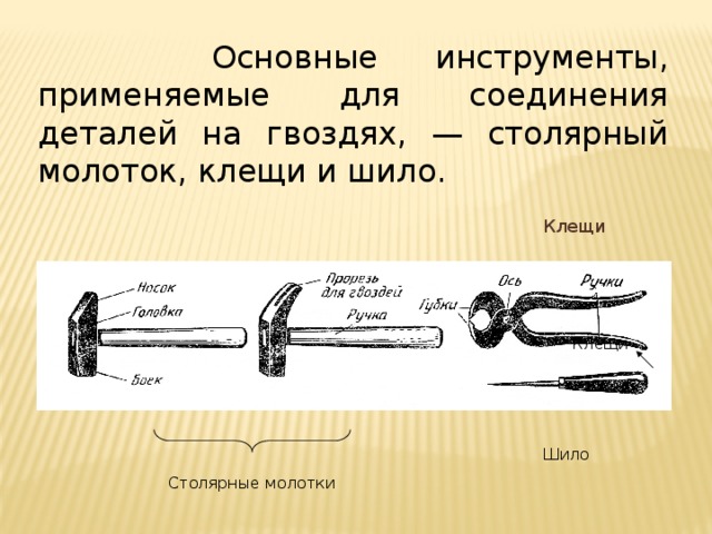 Основные инструменты, применяемые для соединения деталей на гвоздях, — столярный молоток, клещи и шило.  Клещи Клещи Шило Столярные молотки 